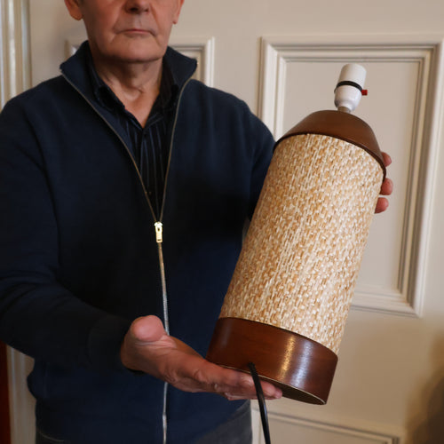 TALL 1970s Scandinavian Style Teak Table Lamp with Woven Straw Cladding