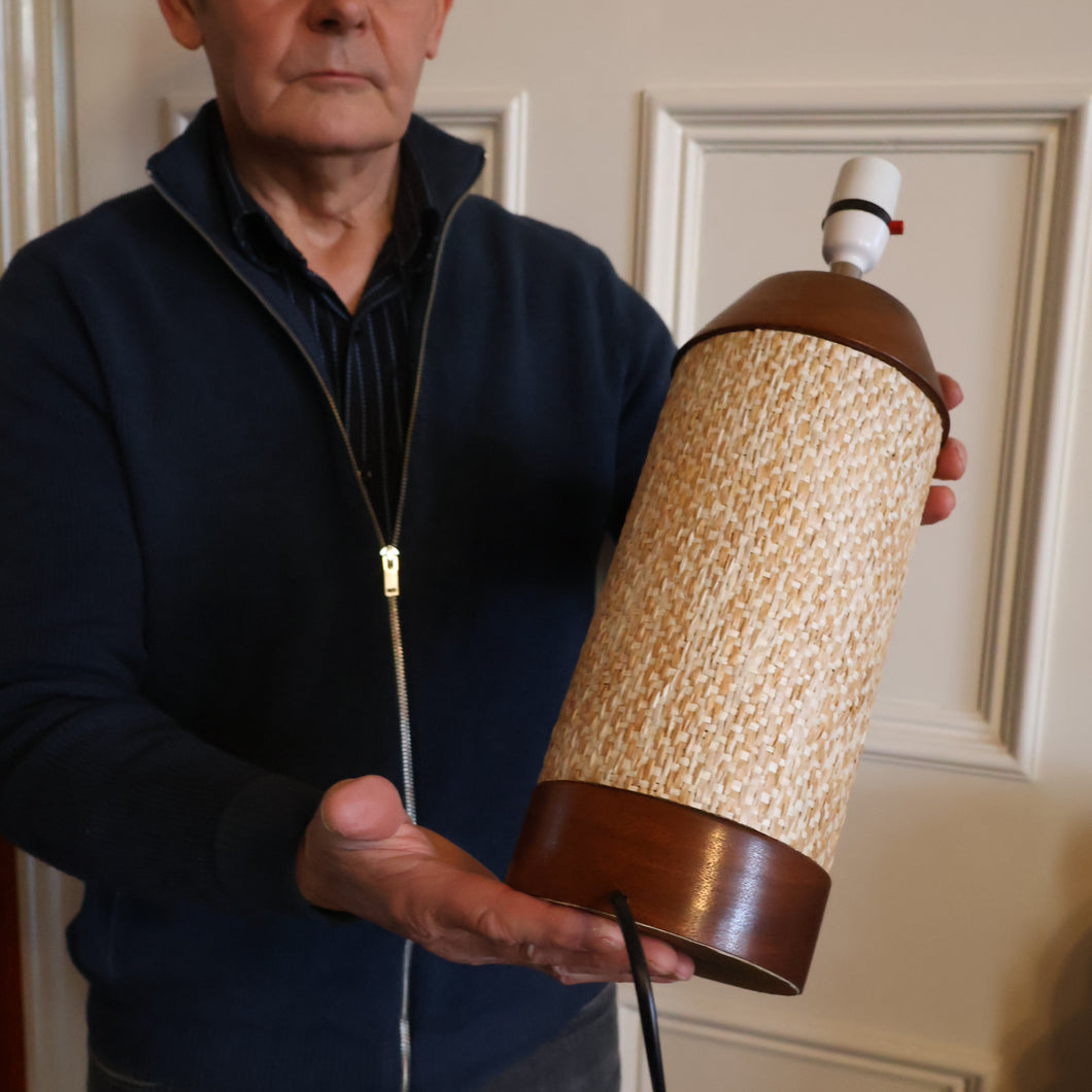 TALL 1970s Scandinavian Style Teak Table Lamp with Woven Straw Cladding