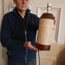 Load image into Gallery viewer, TALL 1970s Scandinavian Style Teak Table Lamp with Woven Straw Cladding
