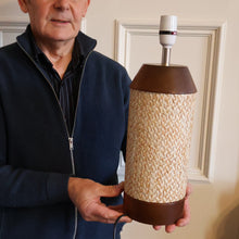 Load image into Gallery viewer, TALL 1970s Scandinavian Style Teak Table Lamp with Woven Straw Cladding
