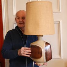 Load image into Gallery viewer, 1960s Medium TREMAEN Nanceddan Pottery Table Lamp. Original Hessian Shade &amp; Paper Label on Base
