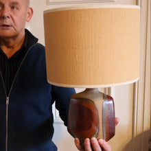 Load image into Gallery viewer, 1960s Medium TREMAEN Nanceddan Pottery Table Lamp. Original Hessian Shade &amp; Paper Label on Base
