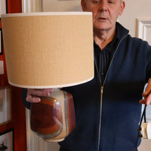 Load image into Gallery viewer, 1960s Medium TREMAEN Nanceddan Pottery Table Lamp. Original Hessian Shade &amp; Paper Label on Base
