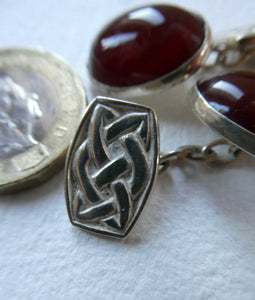 Scottish IONA Silver Cufflinks. Designed by John Hart with Knotwork Panel and the Other with Carnelians