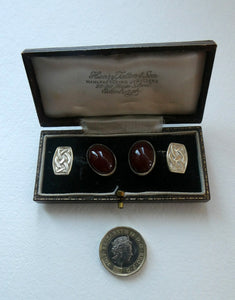 Scottish IONA Silver Cufflinks. Designed by John Hart with Knotwork Panel and the Other with Carnelians