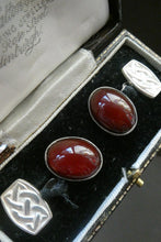 Load image into Gallery viewer, Scottish IONA Silver Cufflinks. Designed by John Hart with Knotwork Panel and the Other with Carnelians
