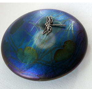 GLASFORM Paperweight by John Ditchfield. Iridescent Lily Pad with Silver Dragonfly Embellishment