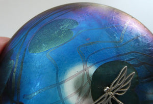 GLASFORM Paperweight by John Ditchfield. Iridescent Lily Pad with Silver Dragonfly Embellishment