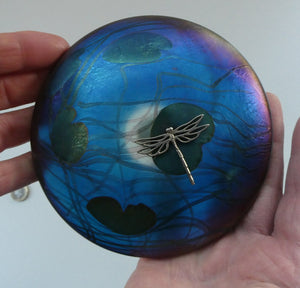 GLASFORM Paperweight by John Ditchfield. Iridescent Lily Pad with Silver Dragonfly Embellishment