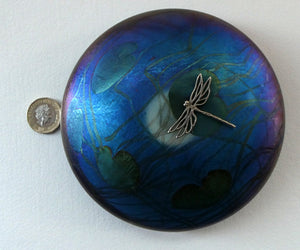 GLASFORM Paperweight by John Ditchfield. Iridescent Lily Pad with Silver Dragonfly Embellishment