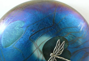 GLASFORM Paperweight by John Ditchfield. Iridescent Lily Pad with Silver Dragonfly Embellishment