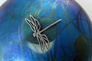 GLASFORM Paperweight by John Ditchfield. Iridescent Lily Pad with Silver Dragonfly Embellishment