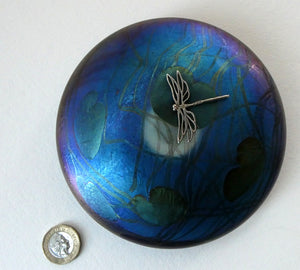 GLASFORM Paperweight by John Ditchfield. Iridescent Lily Pad with Silver Dragonfly Embellishment