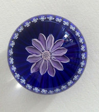 Load image into Gallery viewer, Scottish Paperweight by Peter McDougall Glass Studio. With Studio Cane on the Base with lilac lampwork flower 
