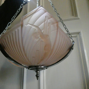 Antique ART DECO Sugar Pink Pressed Glass Pendant Lampshade with Jumping Nude Lady 