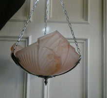 Load image into Gallery viewer, Antique ART DECO Sugar Pink Pressed Glass Pendant Lampshade with Jumping Nude Lady 
