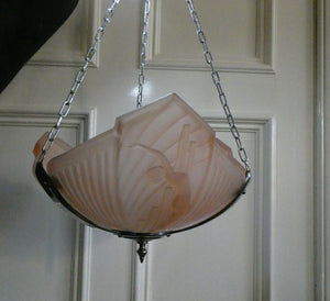 Antique ART DECO Sugar Pink Pressed Glass Pendant Lampshade with Jumping Nude Lady 