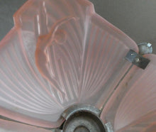 Load image into Gallery viewer, Antique ART DECO Sugar Pink Pressed Glass Pendant Lampshade with Jumping Nude Lady 
