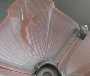 Antique ART DECO Sugar Pink Pressed Glass Pendant Lampshade with Jumping Nude Lady 