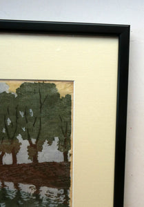 1920s German Woodcut. Poplar Trees on a Riverbank by L.E.M. GERHARDT. Signed in Pencil