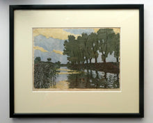 Load image into Gallery viewer, 1920s German Woodcut. Poplar Trees on a Riverbank by L.E.M. GERHARDT. Signed in Pencil
