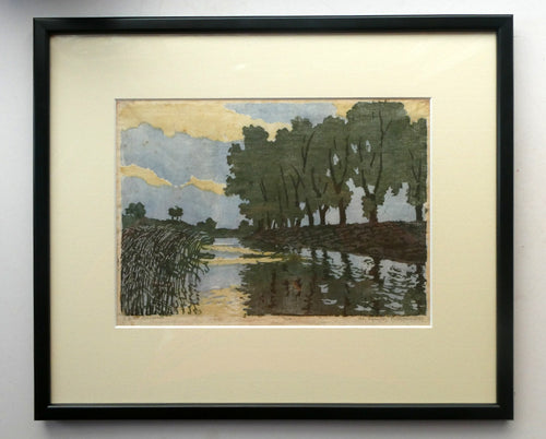 1920s German Woodcut. Poplar Trees on a Riverbank by L.E.M. GERHARDT. Signed in Pencil