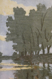 1920s German Woodcut. Poplar Trees on a Riverbank by L.E.M. GERHARDT. Signed in Pencil