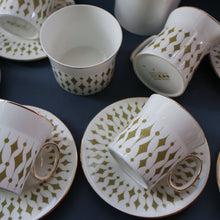 Load image into Gallery viewer, Rarer 1970s GREENWAY Pattern Bone China Coffee Set. Designed by John Russell for Hostess Tableware
