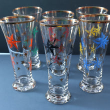 Load image into Gallery viewer, 1950s. Set of SIX Matching Tall Schooners or Beer Glasses with Coloured Star Pattern
