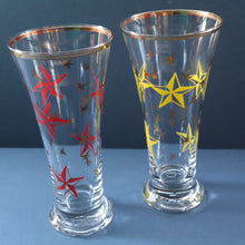 Load image into Gallery viewer, 1950s. Set of SIX Matching Tall Schooners or Beer Glasses with Coloured Star Pattern
