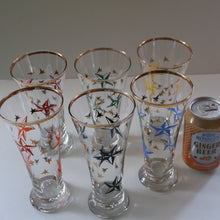 Load image into Gallery viewer, 1950s. Set of SIX Matching Tall Schooners or Beer Glasses with Coloured Star Pattern
