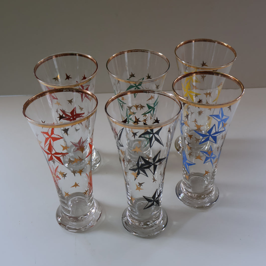 1950s. Set of SIX Matching Tall Schooners or Beer Glasses with Coloured Star Pattern