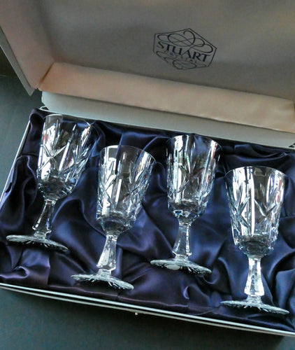 Boxed Set of Four Richmond Pattern Red Wine Stuart Crystal Glasses 6 1/2 inches