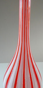 ITALIAN "A Canne" Decanter Red and White Stripes Bottle Vase. Attributed to Fratello Toso. 17 3/4 inches
