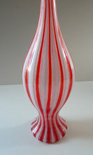 Load image into Gallery viewer, ITALIAN &quot;A Canne&quot; Decanter Red and White Stripes Bottle Vase. Attributed to Fratello Toso. 17 3/4 inches
