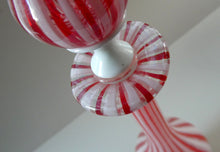 Load image into Gallery viewer, ITALIAN &quot;A Canne&quot; Decanter Red and White Stripes Bottle Vase. Attributed to Fratello Toso. 17 3/4 inches
