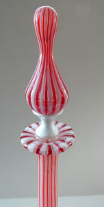 ITALIAN "A Canne" Decanter Red and White Stripes Bottle Vase. Attributed to Fratello Toso. 17 3/4 inches
