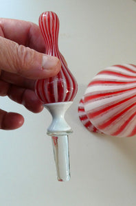 ITALIAN "A Canne" Decanter Red and White Stripes Bottle Vase. Attributed to Fratello Toso. 17 3/4 inches
