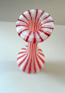 ITALIAN "A Canne" Decanter Red and White Stripes Bottle Vase. Attributed to Fratello Toso. 17 3/4 inches