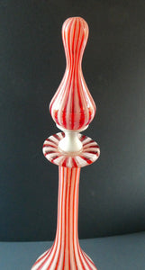 ITALIAN "A Canne" Decanter Red and White Stripes Bottle Vase. Attributed to Fratello Toso. 17 3/4 inches