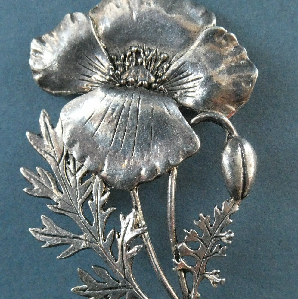 COSTUME JEWELLERY. Vintage WELSH 1998 Silver Plate on Pewter MASJ Poppy Brooch