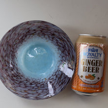 Load image into Gallery viewer, SCOTTISH GLASS. Pretty VASART Shallow Sky Blue Mottled Bowl with Black and Gold Aventurine Flecks on Rim. 6 inches 
