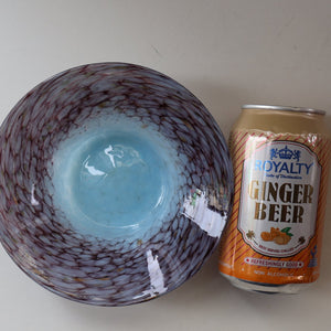 SCOTTISH GLASS. Pretty VASART Shallow Sky Blue Mottled Bowl with Black and Gold Aventurine Flecks on Rim. 6 inches 