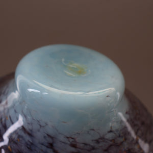 SCOTTISH GLASS. Pretty VASART Shallow Sky Blue Mottled Bowl with Black and Gold Aventurine Flecks on Rim. 6 inches 