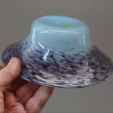 Load image into Gallery viewer, SCOTTISH GLASS. Pretty VASART Shallow Sky Blue Mottled Bowl with Black and Gold Aventurine Flecks on Rim. 6 inches 
