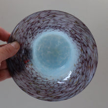 Load image into Gallery viewer, SCOTTISH GLASS. Pretty VASART Shallow Sky Blue Mottled Bowl with Black and Gold Aventurine Flecks on Rim. 6 inches 
