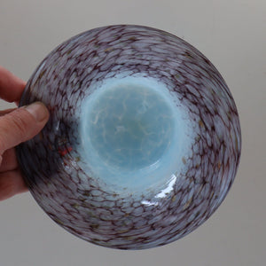 SCOTTISH GLASS. Pretty VASART Shallow Sky Blue Mottled Bowl with Black and Gold Aventurine Flecks on Rim. 6 inches 