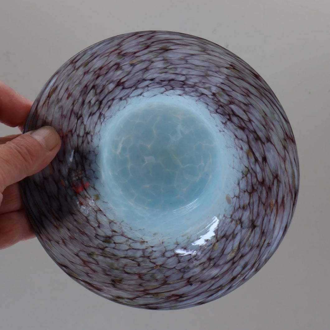 SCOTTISH GLASS. Pretty VASART Shallow Sky Blue Mottled Bowl with Black and Gold Aventurine Flecks on Rim. 6 inches 