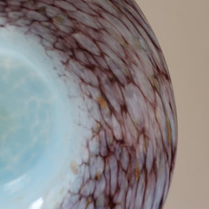 SCOTTISH GLASS. Pretty VASART Shallow Sky Blue Mottled Bowl with Black and Gold Aventurine Flecks on Rim. 6 inches 