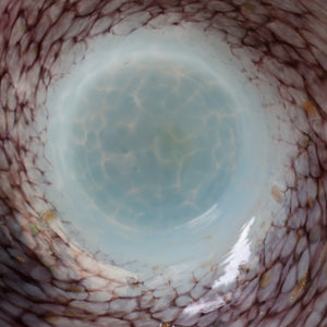 SCOTTISH GLASS. Pretty VASART Shallow Sky Blue Mottled Bowl with Black and Gold Aventurine Flecks on Rim. 6 inches 